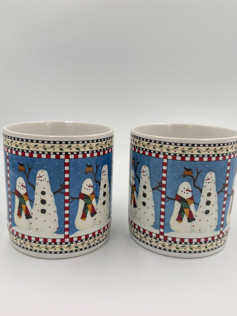 2 Snowman mugs Debbie Mumm Snowman Mugs for Sakura Christmas morning Winter #1